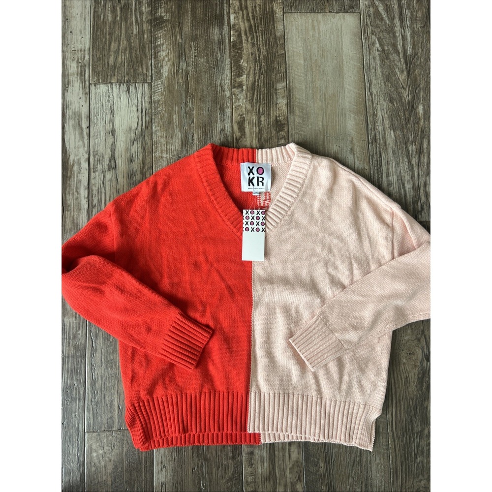 XOKR KERRI ROSENTHAL Womens Colorblock Sweater‎ Size XS Pink Knit $248 Heart